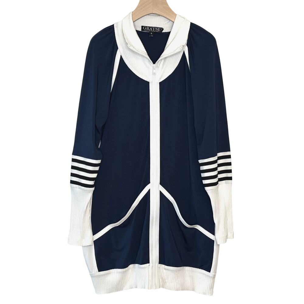 Grayse Marie Gray Striped Full Zip Long Sweater Size S Navy Blue Nautical Resort
